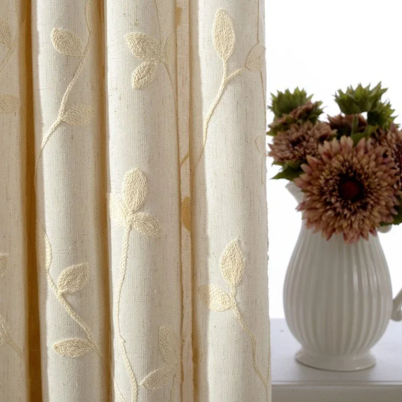 

High Grade American Style Rural Solid Color Cotton Linen Embroidered Curtains Customized Living Room Bedroom Bay Window