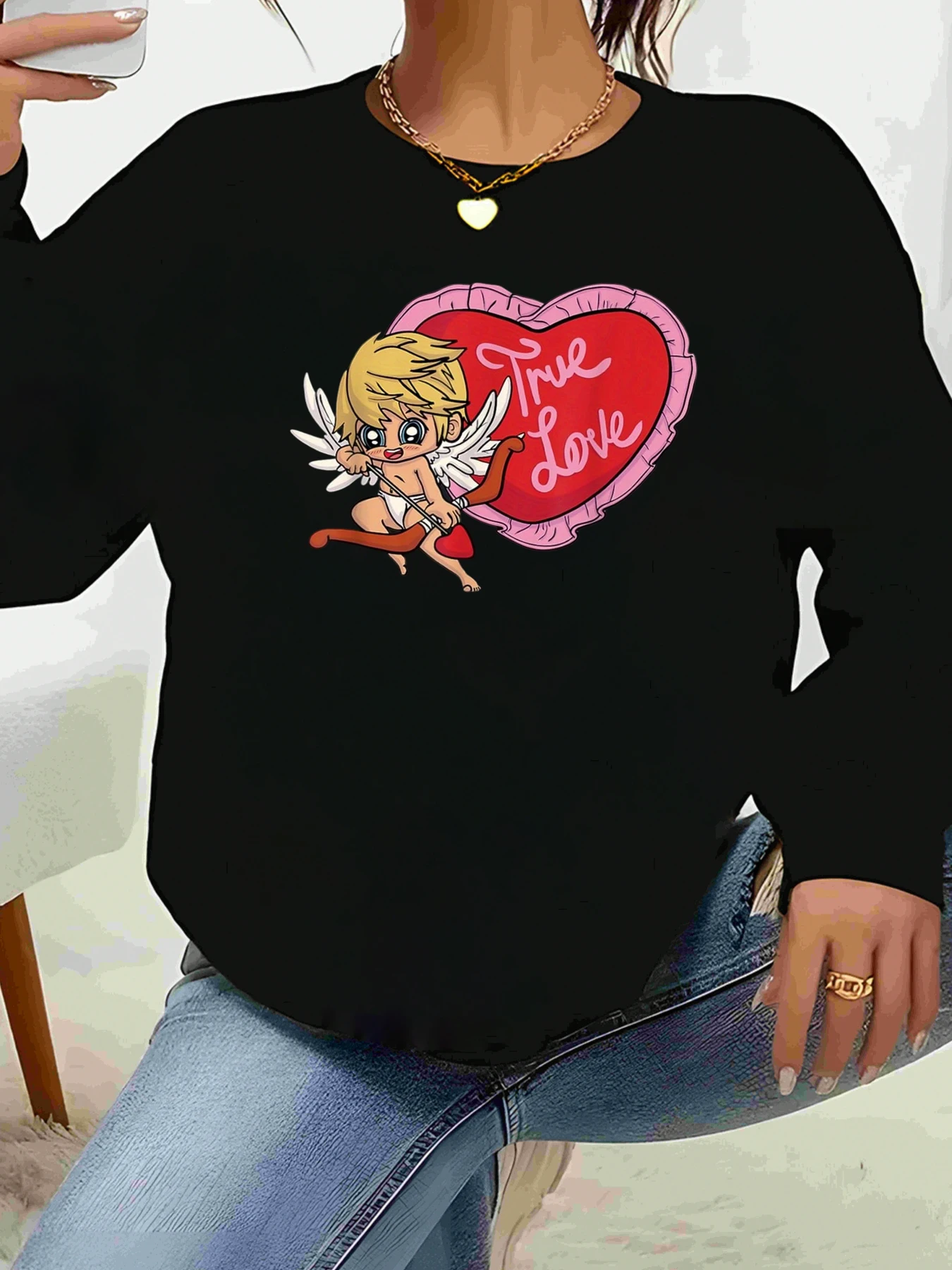 

Купидон True Love Heart Print Valentine Толстовка с длинными рукавами Повседневная одежда для женщин