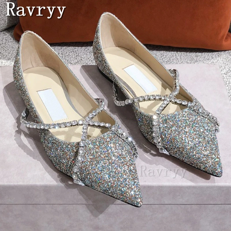 

Pointed Toe Sequins Shallow Flat Shoes Shine Crystal Chain Cross Strap Bridesmaid Banquet Bridal Wedding Single Shoes