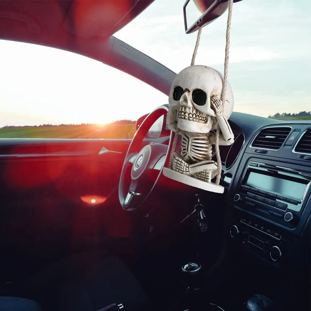 Halloween Skull Decor Car Rearview Mirror Accessories Swinging Skeleton Car Hanging Ornament Gothic Car Rear View Mirror Spooky