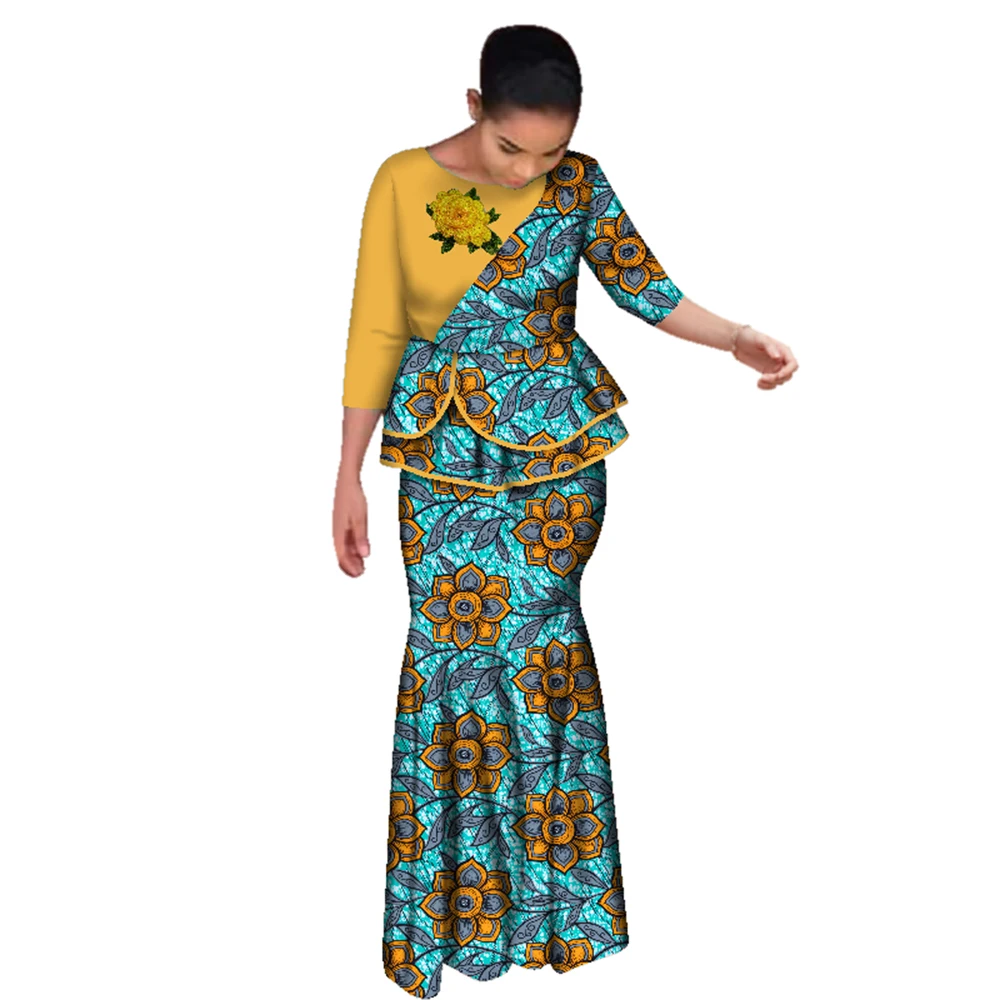 African Ankara Print Two Piece Set for Women, Peplum Top & Mermaid Maxi Skirt Set, Traditional Ethnic Wedding Party Dress WY2642