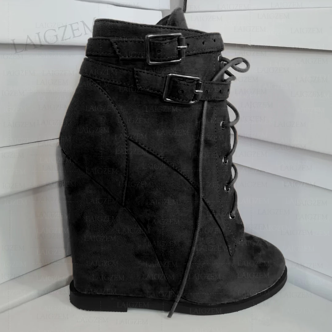 LAIGZEM Women Ankle Boots Wedges High Heels Round Toe Faux Suede Side Zip Short Booties Ladies Shoes Woman Big Size 38 45 48 52