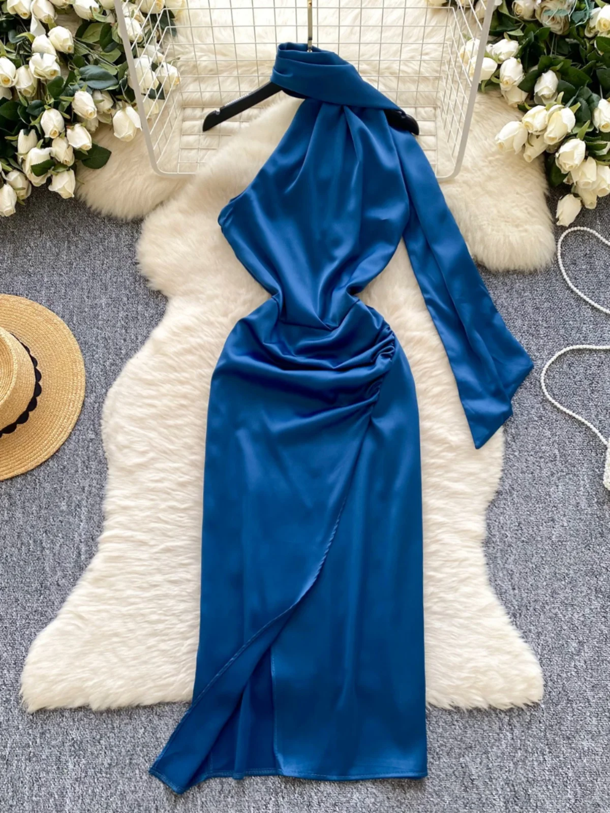 Ele Ekskluzywna Damska Sukienka Dr Sa Wisząca Ne Svel Wyszczuplająca Talia Plisowana Rozcięcie Satynowa Linia A Midi Dr