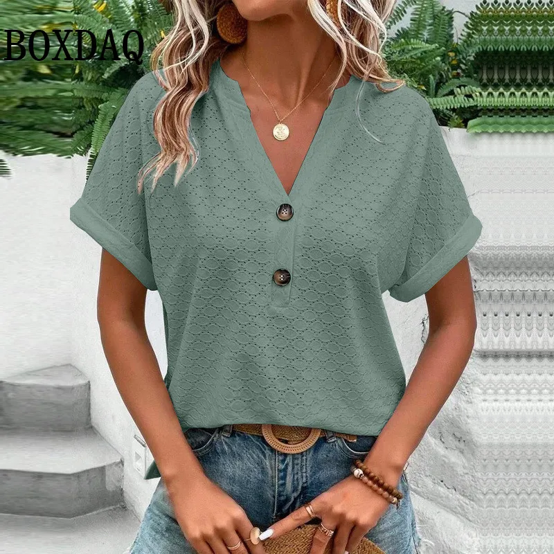 Women Summer Trendy Simple Casual Streetwear With Button T Shirt V Neck Short Sleeve Solid Loose Pullover Tops Y2K Ropa De Mujer