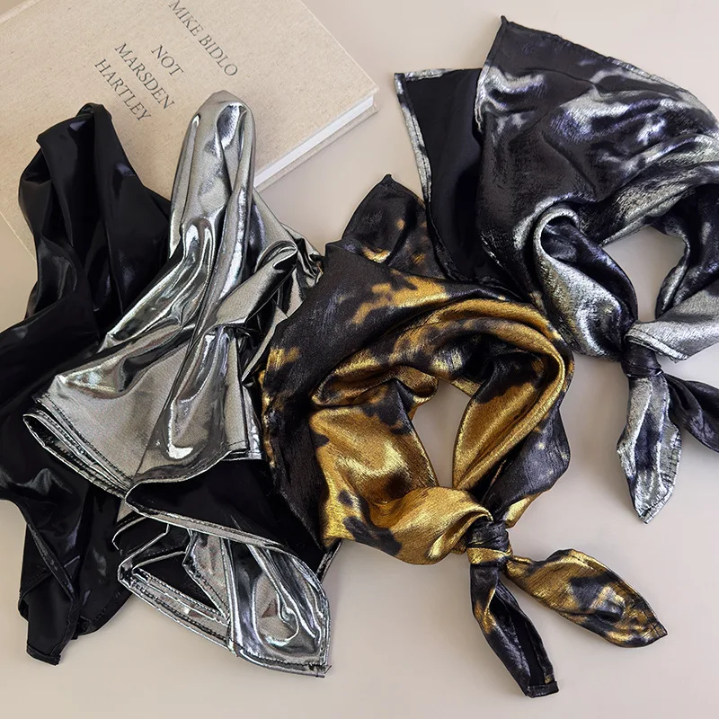 Silver Headwrap Vintage Hip Hop Style Square Scarf Women Edgy Unique Premium Satin 55cm Lightweight Comfortable Street