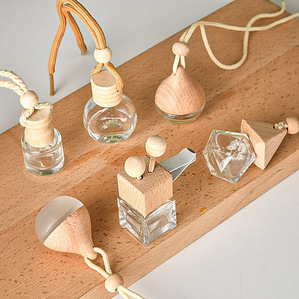 Mini Wooden Fragrance Pendent Bottle Auto Aromatherapy Car Hanging Empty Perfum Glass Bottle Perfume Diffuser Automotive Decor