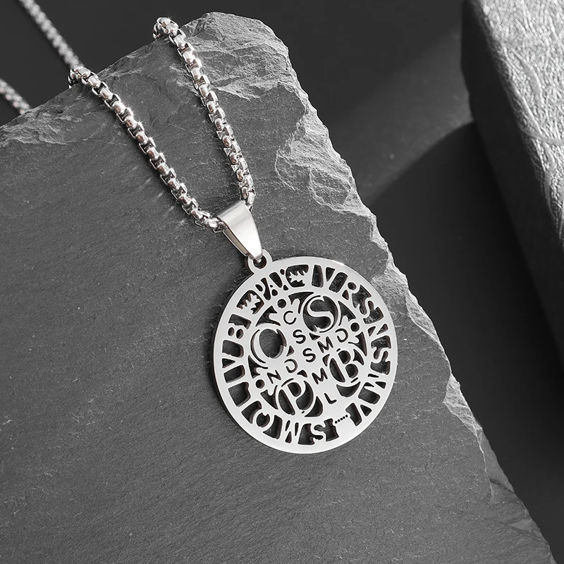 Christian Saint Benedict Cross Pendant Necklace Women Men Stainless Steel Religious Amulet Necklace San Benito Jewelry