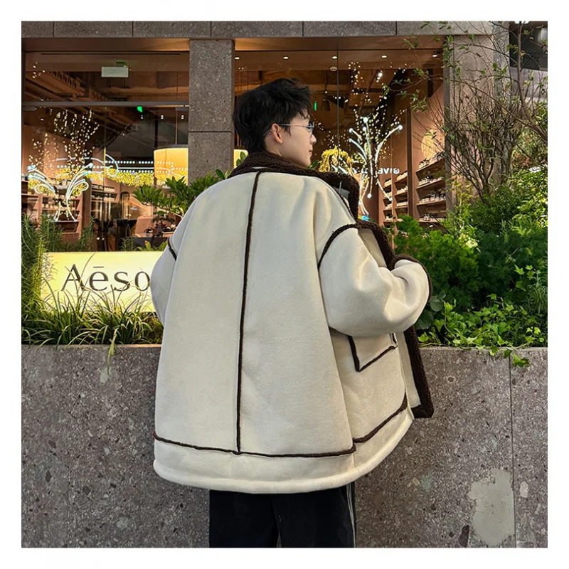 GIOIOMen's Jacket，Winter Fleece-Lined Thickened Warm Turn-Down Collar Three-Dimensional Large Pocket Loose Casual Coat Jacket