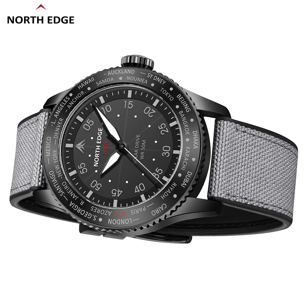 NORTH EDGE 2024 MACH Solar Power Quartz Watch Men Waterproof 50M Men's Pilot Sports Wristwatches Luminous Enviormentally Clock