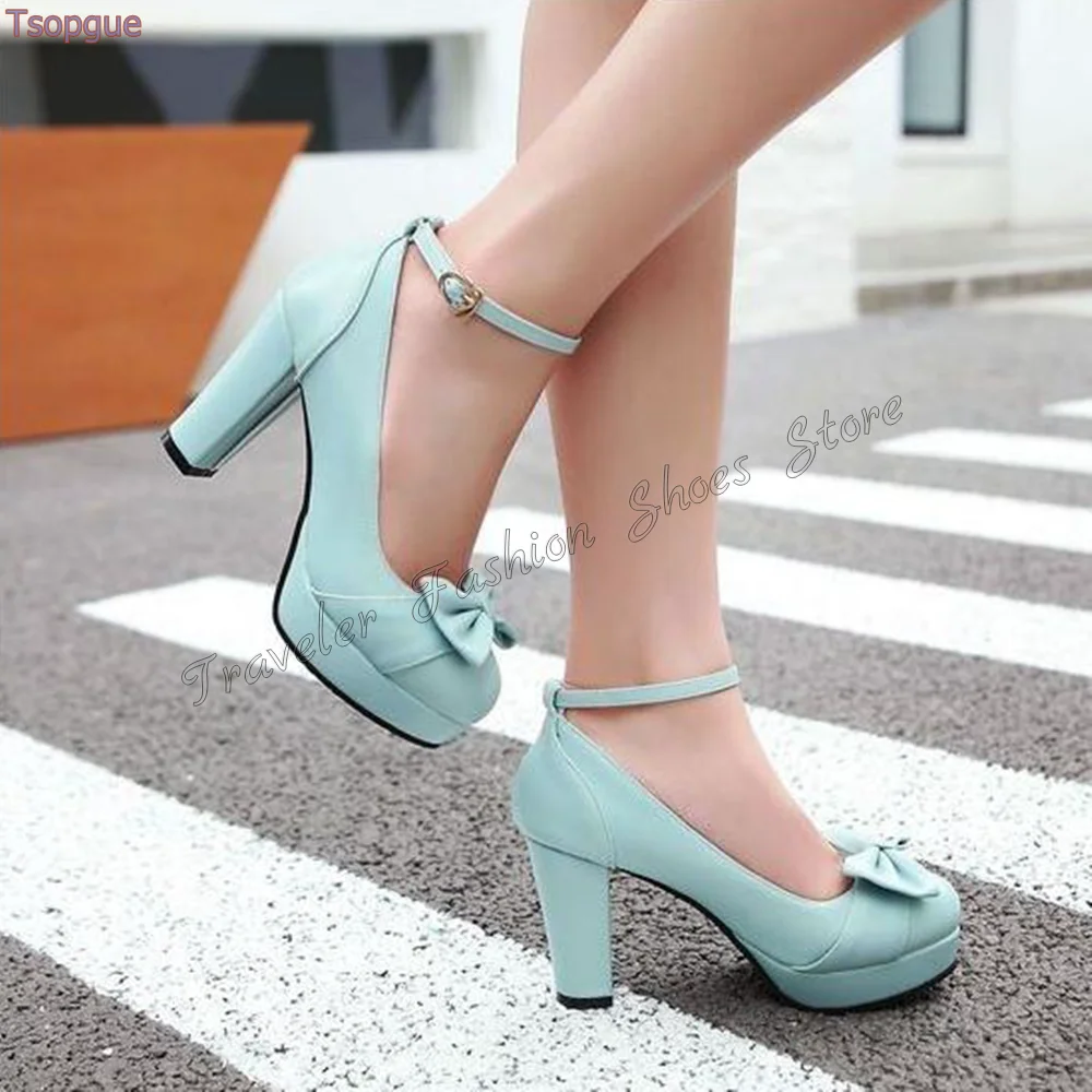 

Bow knot Decor Round Toe Pumps Chunky High Heels Ankle Buckle High Heel Shoes for Women Shoes Heels 2024 New Zapatos Para Mujere