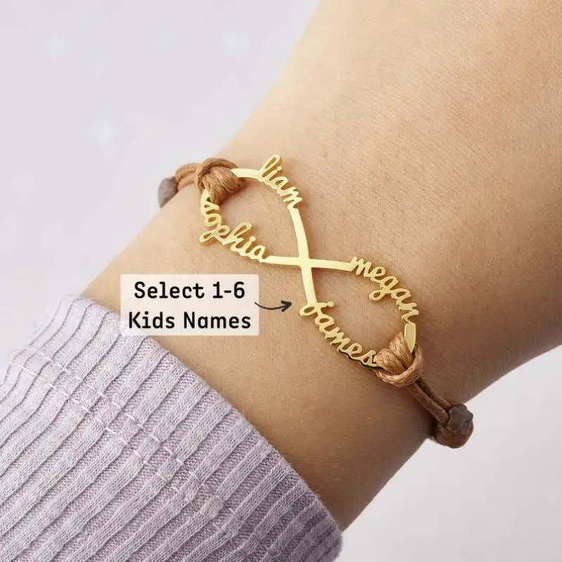 

Браслет с гравировкой на 1-6 имен на заказ — персонализированный подвесок из нержавеющей стали «Бесконечность» — веревочная цепочка в стиле бохо