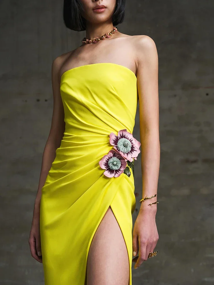 

GPBD 2024 Women Summer Flower Decoration Strapless High Split Yellow Stage Performance Party Evening Dress Vestido