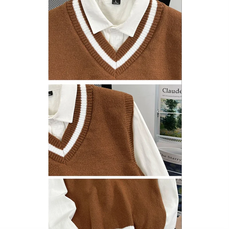 Men's Knitted Vest Sweater Preppy Style Color Matching Stripes Casual Sleeveless Pullover V-Neck Loose Couple Layering Waistcoat view 5