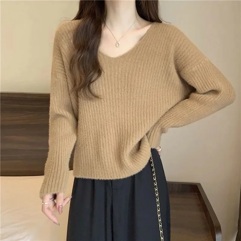 

2024 New Women Sweater Autumn Long Sleeve Pullover Basic Top Fashion V Neck Elastic Female Winter Solid Knitted Jumper Top