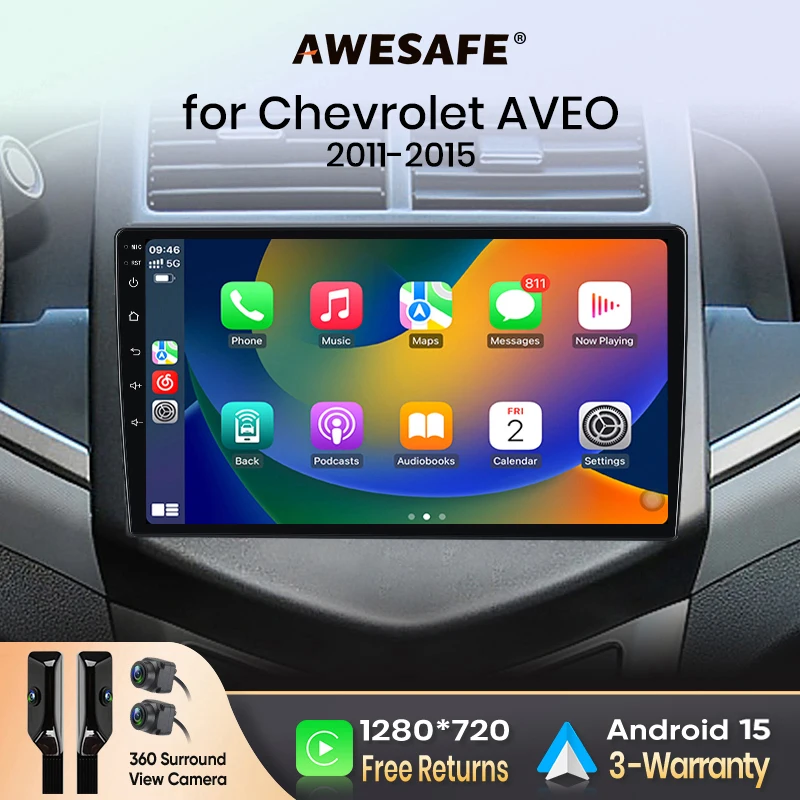 AWESAFE CarPlay sans fil Android Auto pour Chevrolet Aveo 2 Sonic T300 2011-2015 Autoradio Lecteur multimédia Stéréo Wi-Fi Navigation GPS 2 Din Systèmes automobiles intelligents 1280*720 IPS Unité principale FM RDS DSP SWC BT Plug and Play ISO