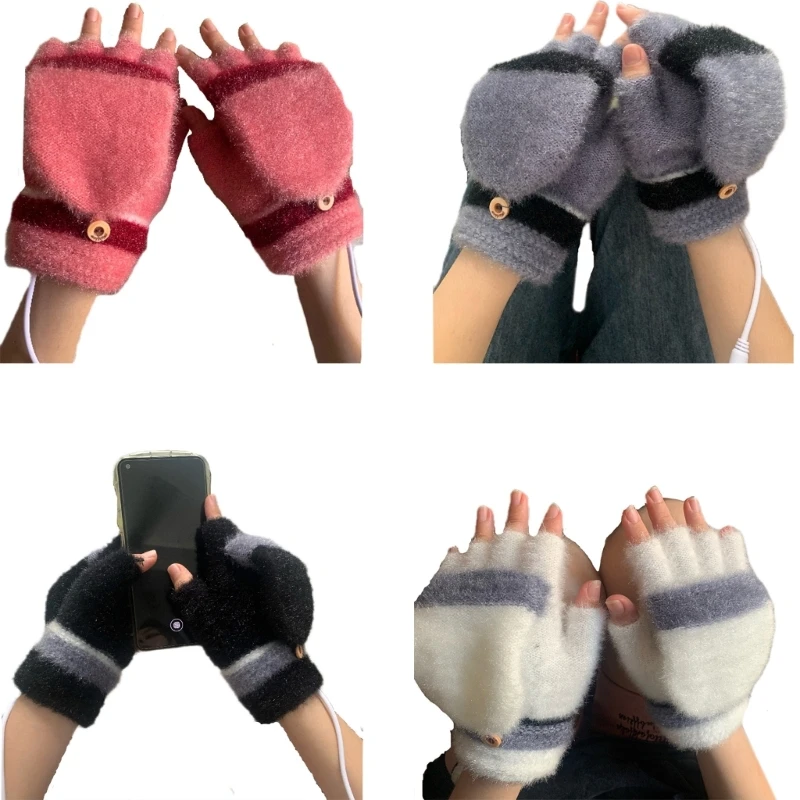 

Adult Teens USB Electric Heated Gloves Winter Knitted Flip Cover Half Finger Mittens Students Hand Warmer for Office School