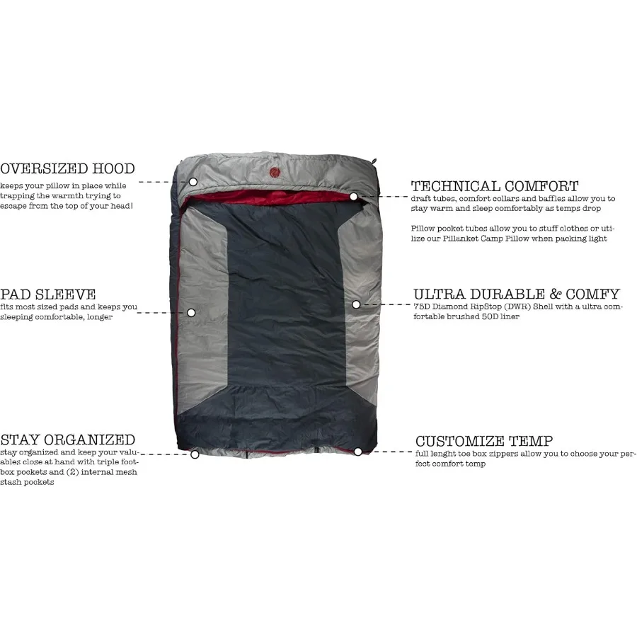 كيس نوم مستطيل متعدد الاستخدامات بغطاء رأس مزدوج عريض 10F أحمر 30F أصفر مع 4pt. كيس الاشياء الضاغطة