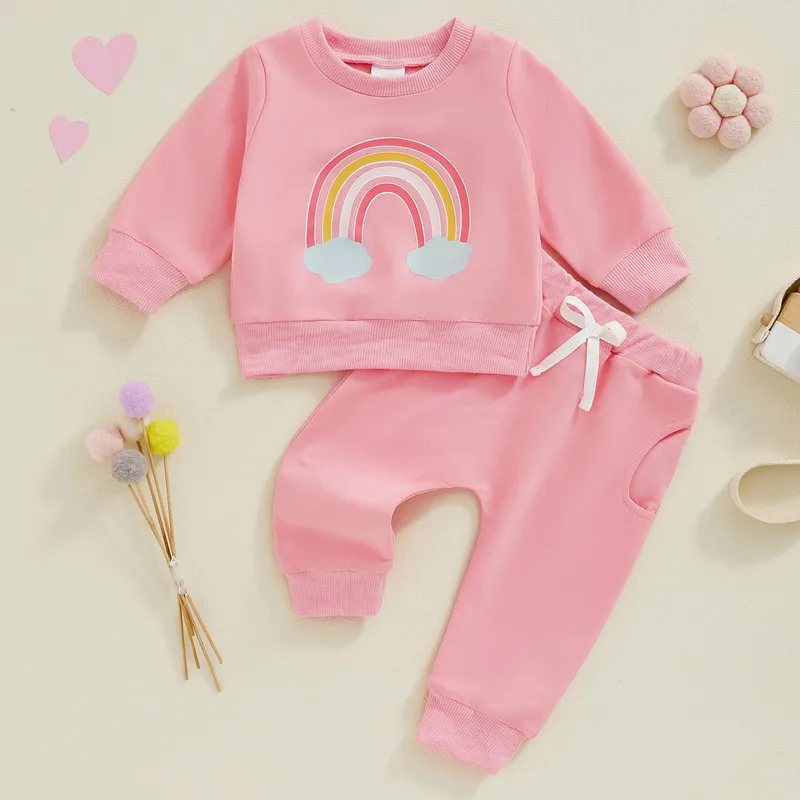 RUEWEY 0 to 3 Years Toddler Girl Pant Sets Spring Autumn Clothes Rainbow Print Crew Neck Long Sleeve Sweatshirts and Pants