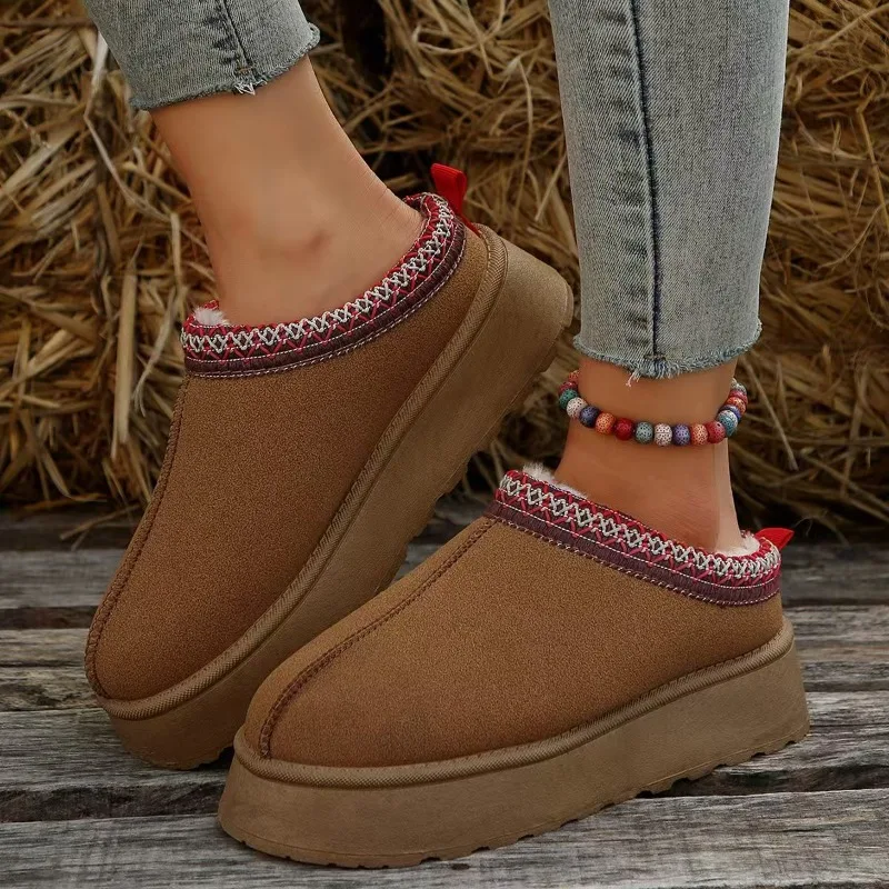 Unisex Ethnic Woven Trim Suede Platform Clogs, Cozy Faux Shearling Lined Slip On Mules For Home Casual Winter Outfits