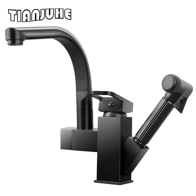 Black Kitchen Faucet with Pull Down Sprayer Matte Black Kitchen Sink Faucet Stainless Steel Single Handle Modern Kitchen Faucets