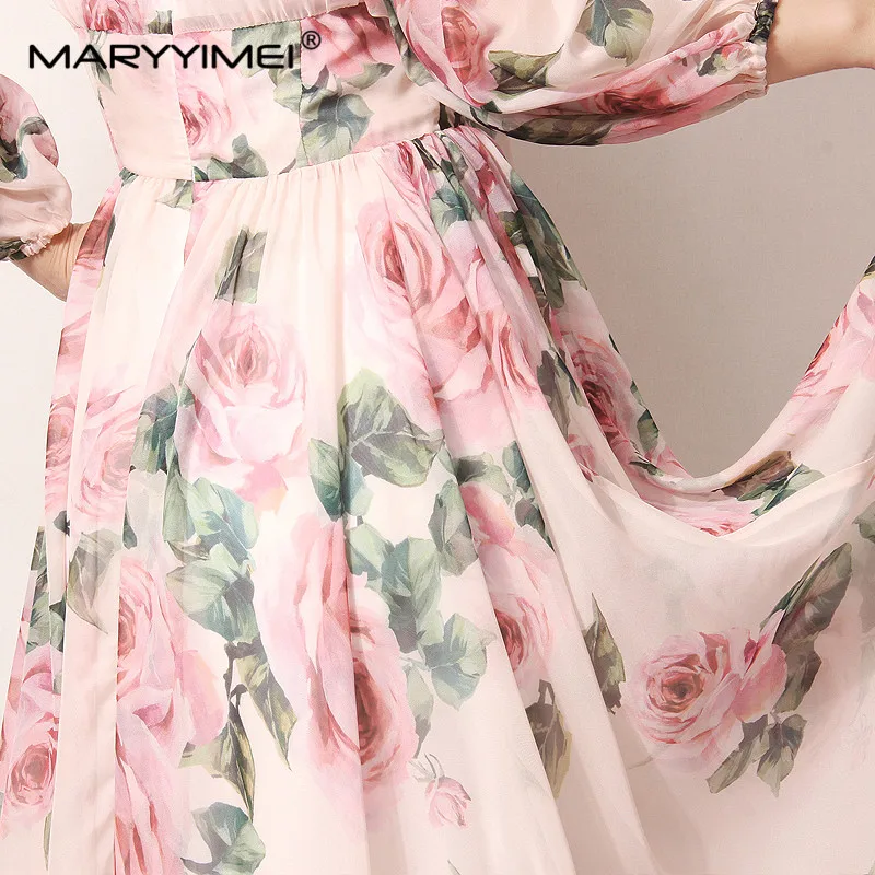 Imagem -06 - Maryyimei Primavera Verão Designer de Moda Vestido Mulheres Vestido Lenço Collar Rose Floral-print Elegante Férias Chiffon Vestidos