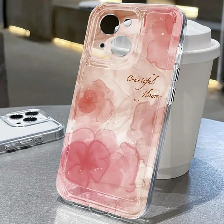 เคสโทรศัพท์แบบนิ่มสำหรับ iPhone 16e 13 12 11 Pro MAX XR 12 Mini 16 15 14 Plus 7 8 17 ลายดอกไม้ลายหินอ่อนแบบหมึกซึม