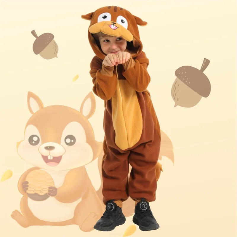 Pijamas de ardilla para niñas y niños, mono marrón con capucha, ropa de dormir bonita y cálida y esponjosa, traje de juego de rol de animales para fiesta temática