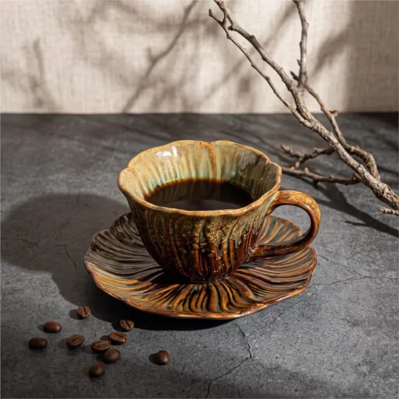 French Kiln Transformed Glazed Flower Pattern Exquisite Beautiful Coffee Cup Set Household Ceramic Water Cup With Plate ZJ228