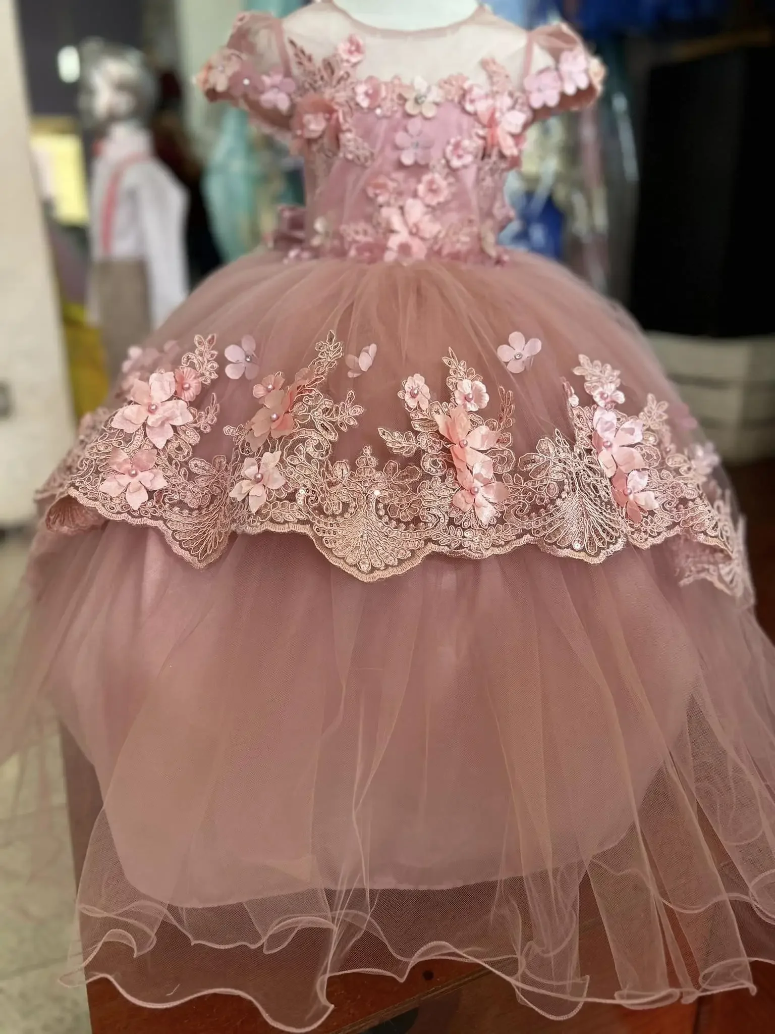 Vestido de niña de flores rosa con apliques 3d hecho a medida, tul hinchado hasta el suelo, vestido de fiesta de cumpleaños, desfile, vestidos de graduación para bebés pequeños