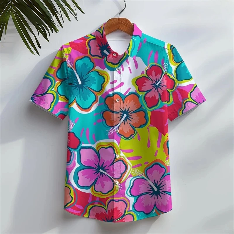 

Новая гавайская рубашка для мужчин, пляжная, повседневная, с коротким рукавом, на пуговицах, с тропическим принтом, цветочным 3D-рисунком, одежда для лета, камисас.