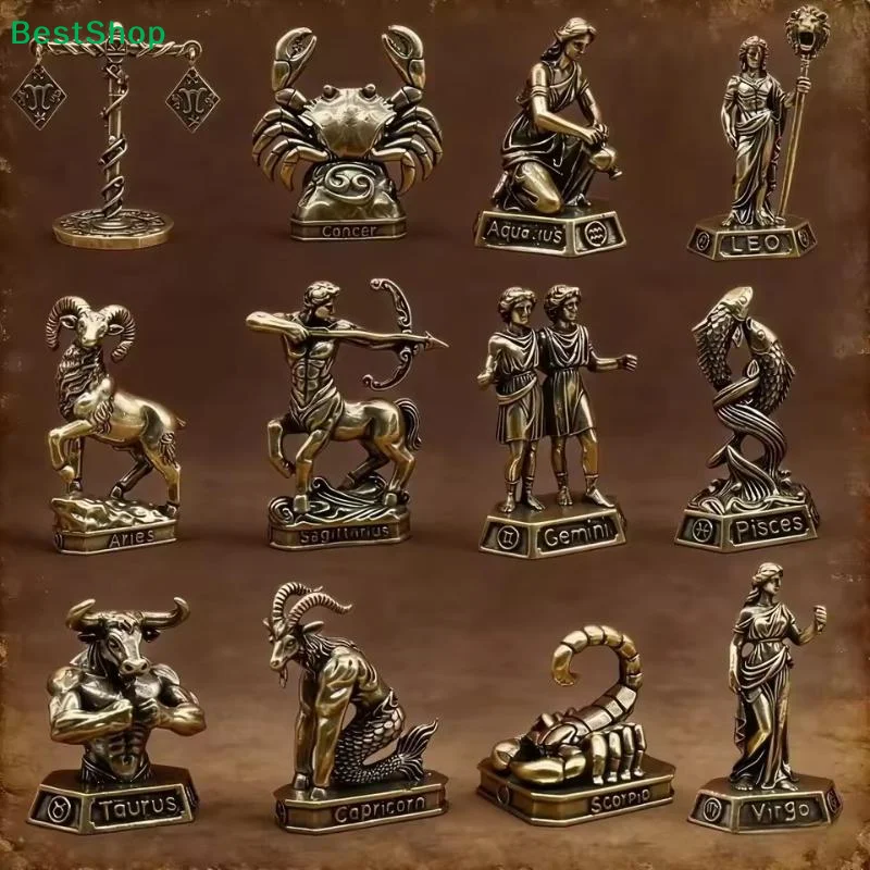 ★Vintage Brass 12 Constellation Figurines Fine Craftsmanship Perfect For Desk Decor Astrology Enthusiasts Gifts