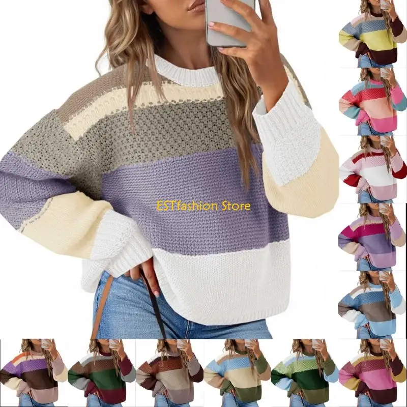 Y5GC Women's Colorblock Cropped Sweater Fashion Casual Oversized Striped Pullover