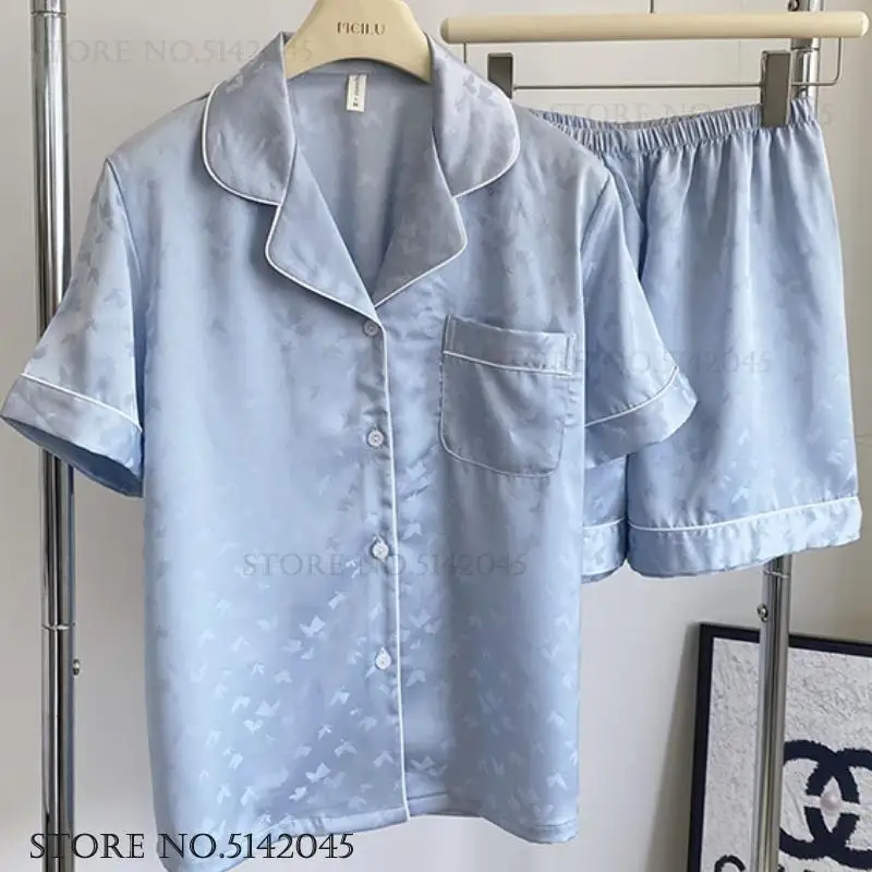 

Summer Women Pajamas Set Sleepwear Jacquard Butterfly Short Sleeve Shorts Pijamas Loungewear Loose Ice Silk Loungewear Pyjama