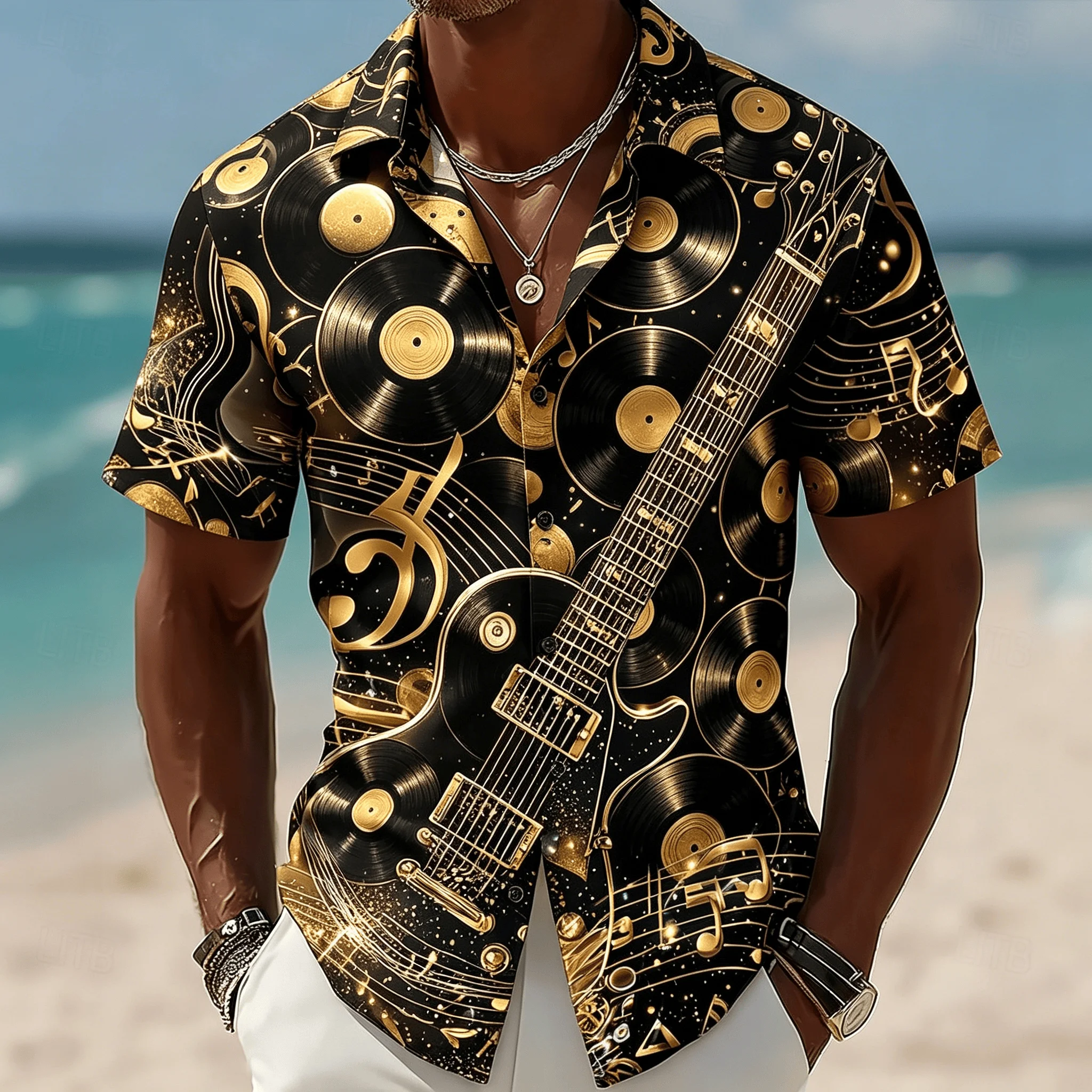 

Men's Black Gold Guitar & Vinyl Print Shirt, Casual Music Style for Spring and Summer