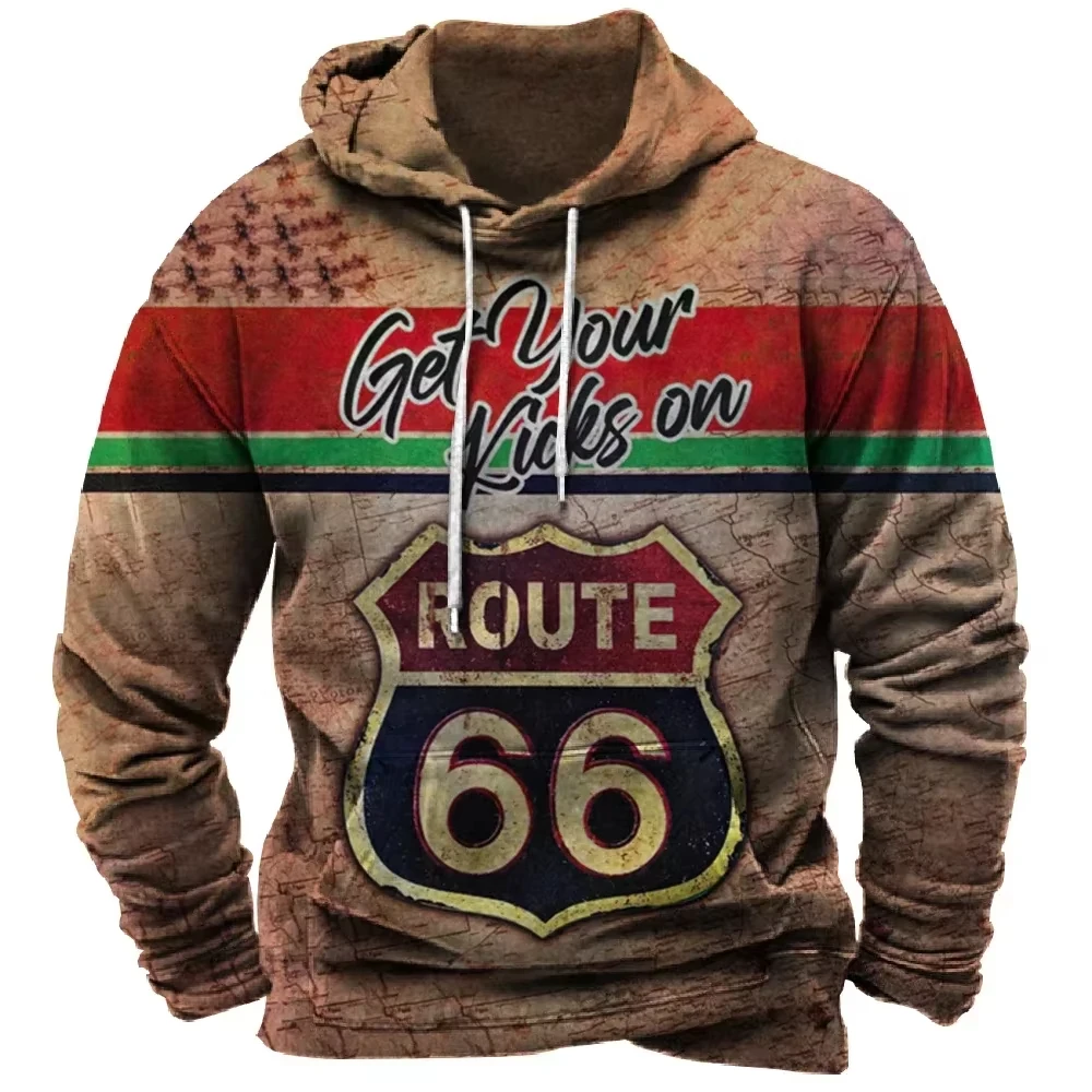 Hot Sale Autumn And Winter Man Clothes 3d Printed Men's Route 66 Printed Hoodie Men Loose Casual Fashion Retro Oversized Hoodie