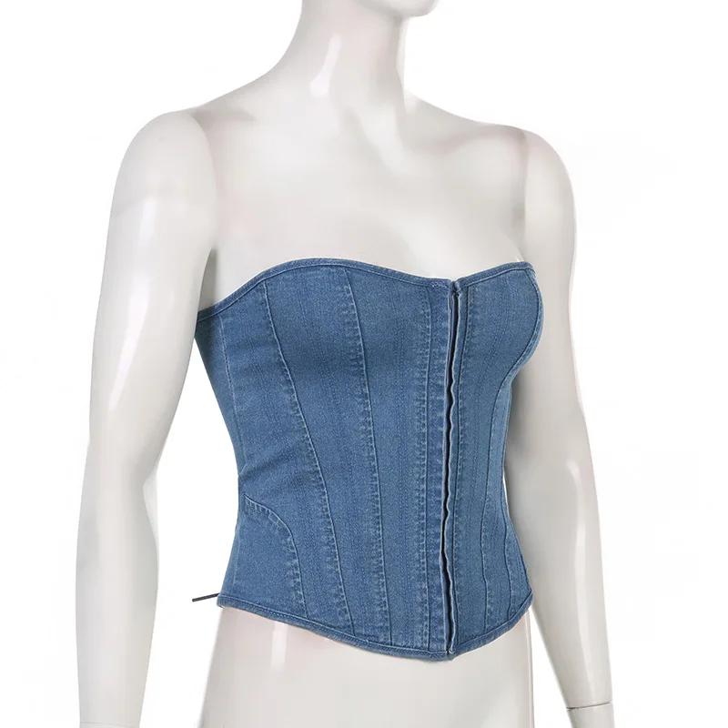 Denim Strapless Bare Shoulder Tube Tops Women Lace-up Corset Top Sexy Lingerie Tank Top Hollow Out Bodyshaper Vest Slim Camisole