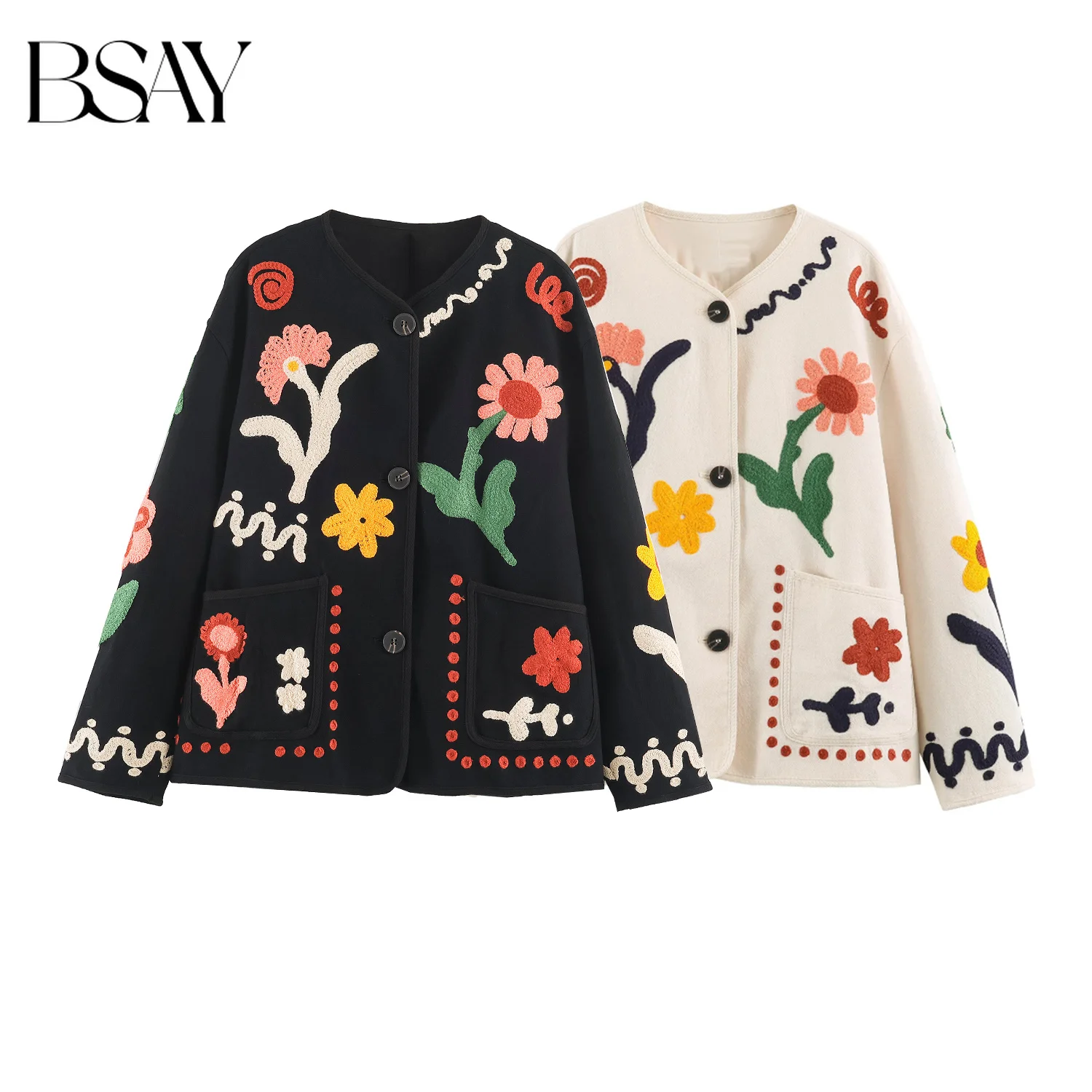 BSAY 2026 Art Casual Women Floral Embroidered Jacket V Neck Button Down Patch Pockets Long Sleeve Loose Daily Ladies Outer Coat