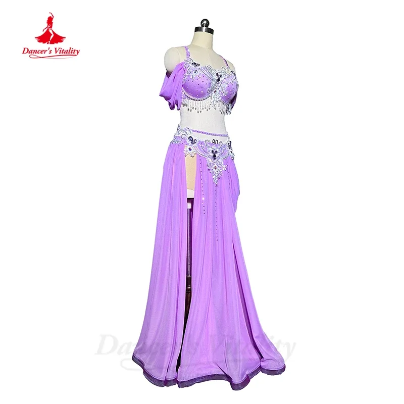 Belly Dance Competiton Costume Suit Customsized Adult Children Stones Bra+spling Long Skirt 2pcs for Women Oriental Dancewear