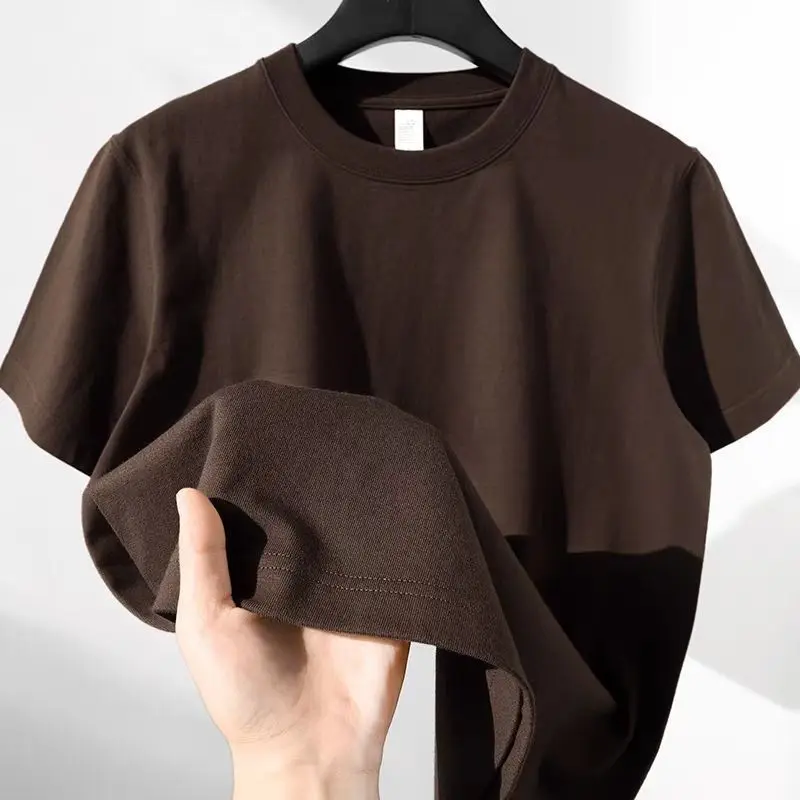 Dark Brown, High Quality 260g Heavy Cotton Solid Color Versatile Short-sleeved T-shirt White Coffee Loose Half-sleeved Men