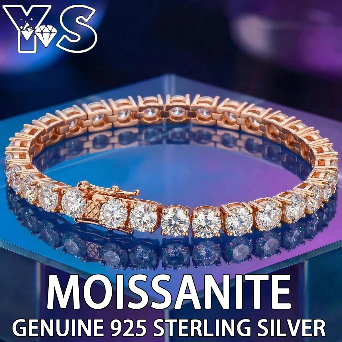 

S925 Tennis Bracelet Sterling Silver Rose Gold Plated, Full Pavé Moissanite 5mm Sparkling Stones, Fold Clasp Luxury Jewelry Gift