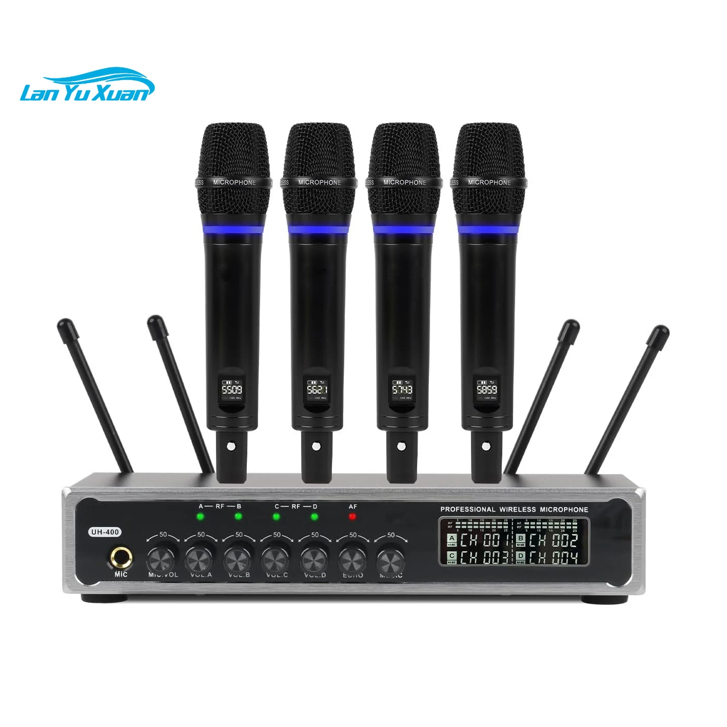 

GPUB UH400 4 Channel Wireless Microphones System with Rechargeable 4 Handheld Mics With BT UHF Metal Cordless for Karaoke