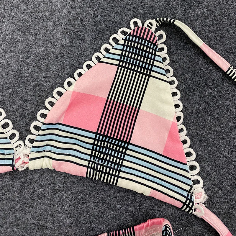 2025 패션 감성 펑크 캐주얼 비키니 투피스 수트 스트릿 Y2K 고딕 체크 프린트 여름 비치 수영복 2000년대 여성 의류