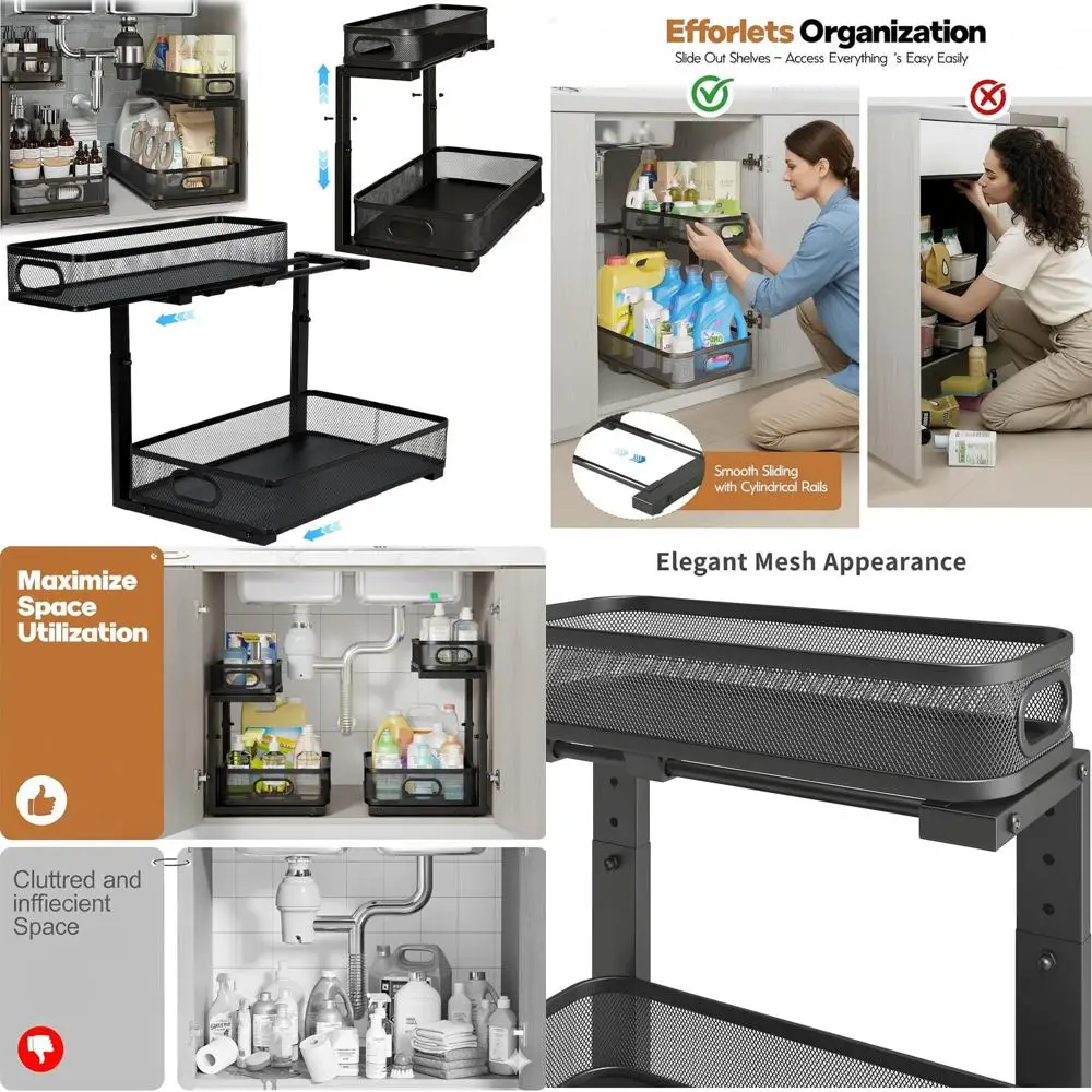 

Dual-Layer Pull-Out Mesh Sink Organizer, 5-Level Adjustable Height, Rust-Resistant, Multi-Purpose 2-Tier Shelf (Black)
