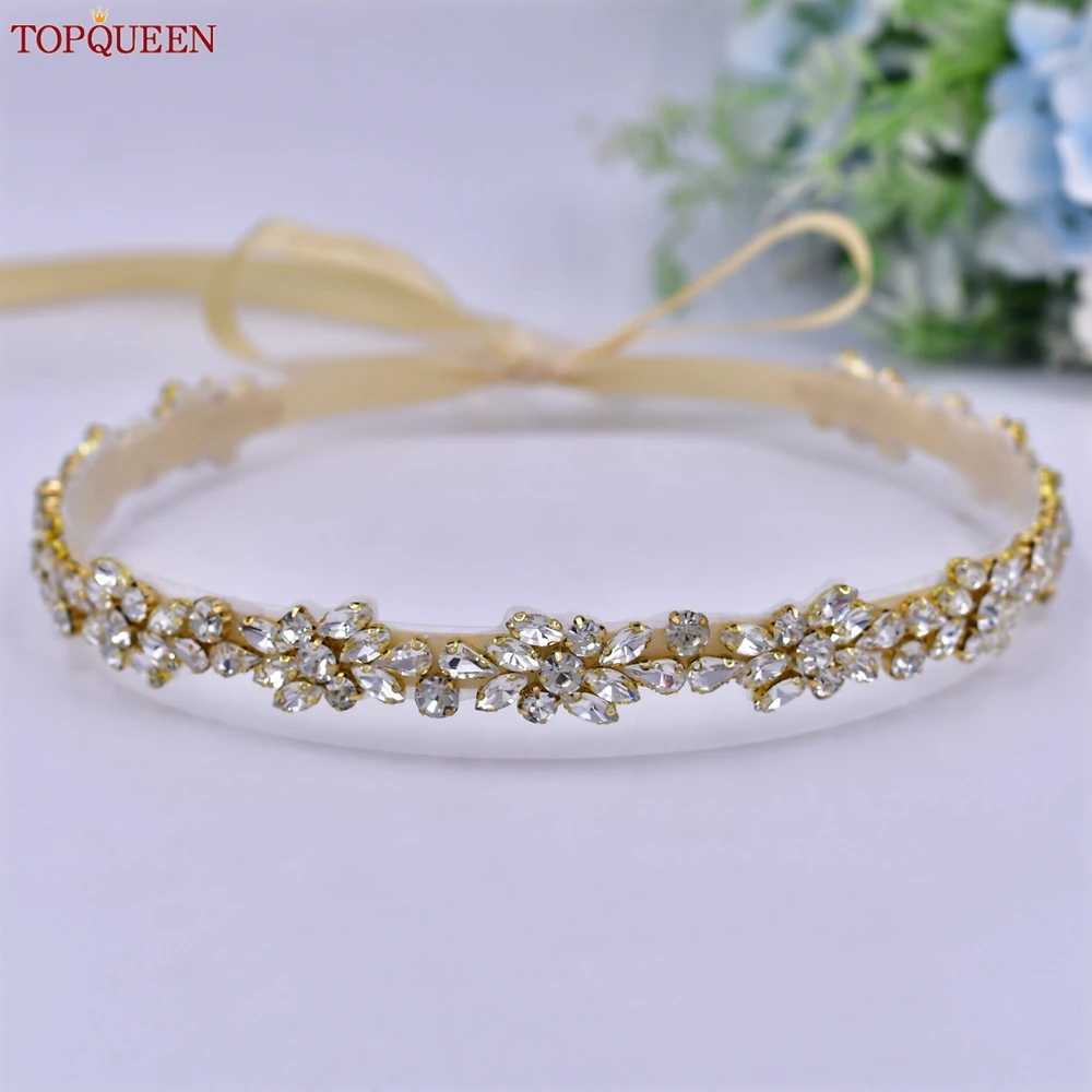 TOPQUEEN S437-G Gold Rhinestone Trim Applique Bridal Belt Jewelry Navy Blue Bridal Belts Bride Accessories Women Rhinestone Belt