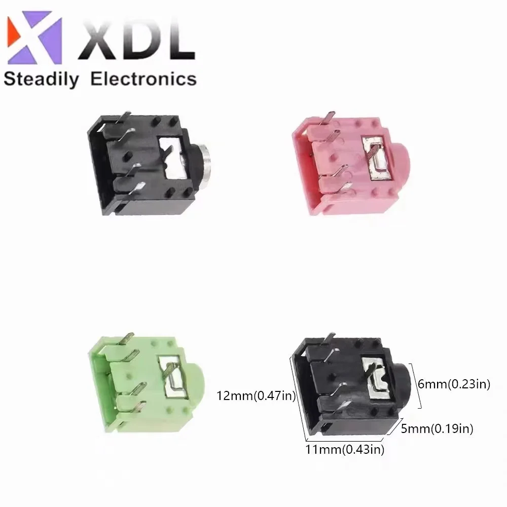 10PCS/PJ-307C 3.5mm audio socket dual channel female headphone jack plastic mouth 5-pin 3F07 red green black