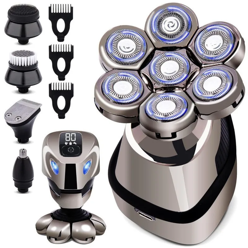 7 Floating Heads Electric Head Shaver for Bald Men, 6 in 1 Multifunctional Grooming Kit, IPX7 Full Body Washable Wet Dry Rotary Razor, USB Rechargeable Digital Display Beard Trimmer Nose Hair Clipper
