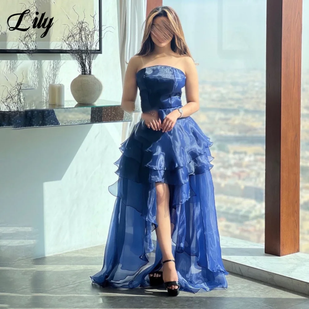 

Lily Navy Blue Net Long Party Dress Strapless Vintage Evening Dress Tiered Split A-Line Prom Dress For Woman 프롬드레스 Customized