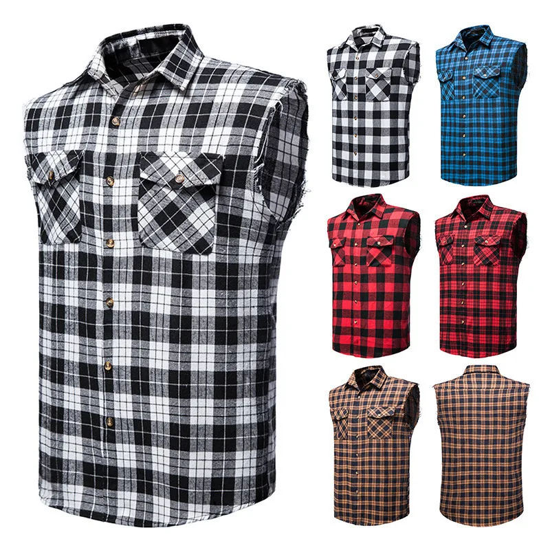 2026 Men's Plaid Sleeveless Vests Turn-down Collar Shirts Vest Casual Single-breasted Plaid Tank Top Outdoor Sport Vests for Men
