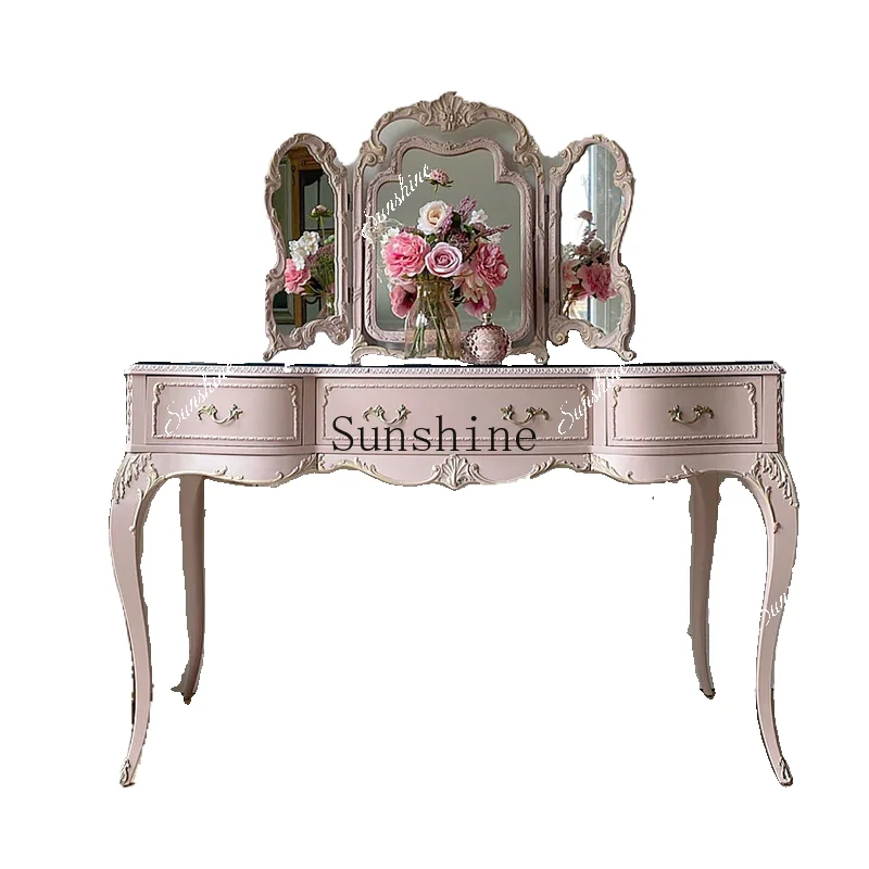 

French retro old pink dresser Nordic solid wood carving flower dressing table glass combination FT