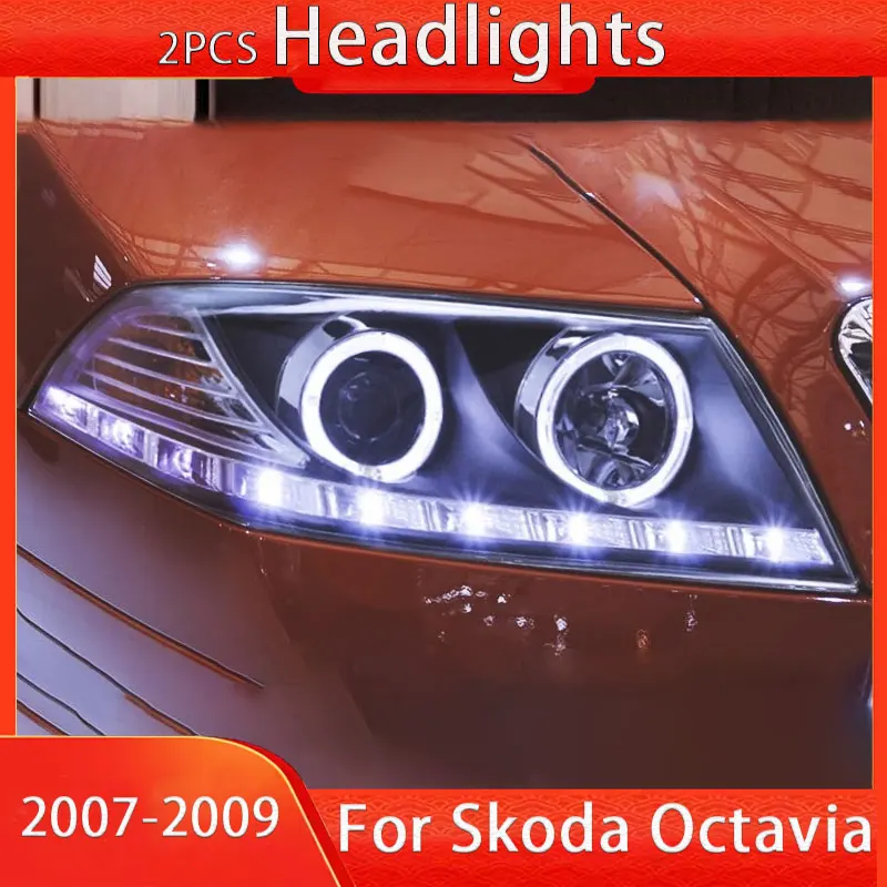 Car LED Headlights Assembly For Skoda Octavia 2007-2009 Angel Eye Xenon Light Dynamic Streamer Turn Signal Daytime Running Light